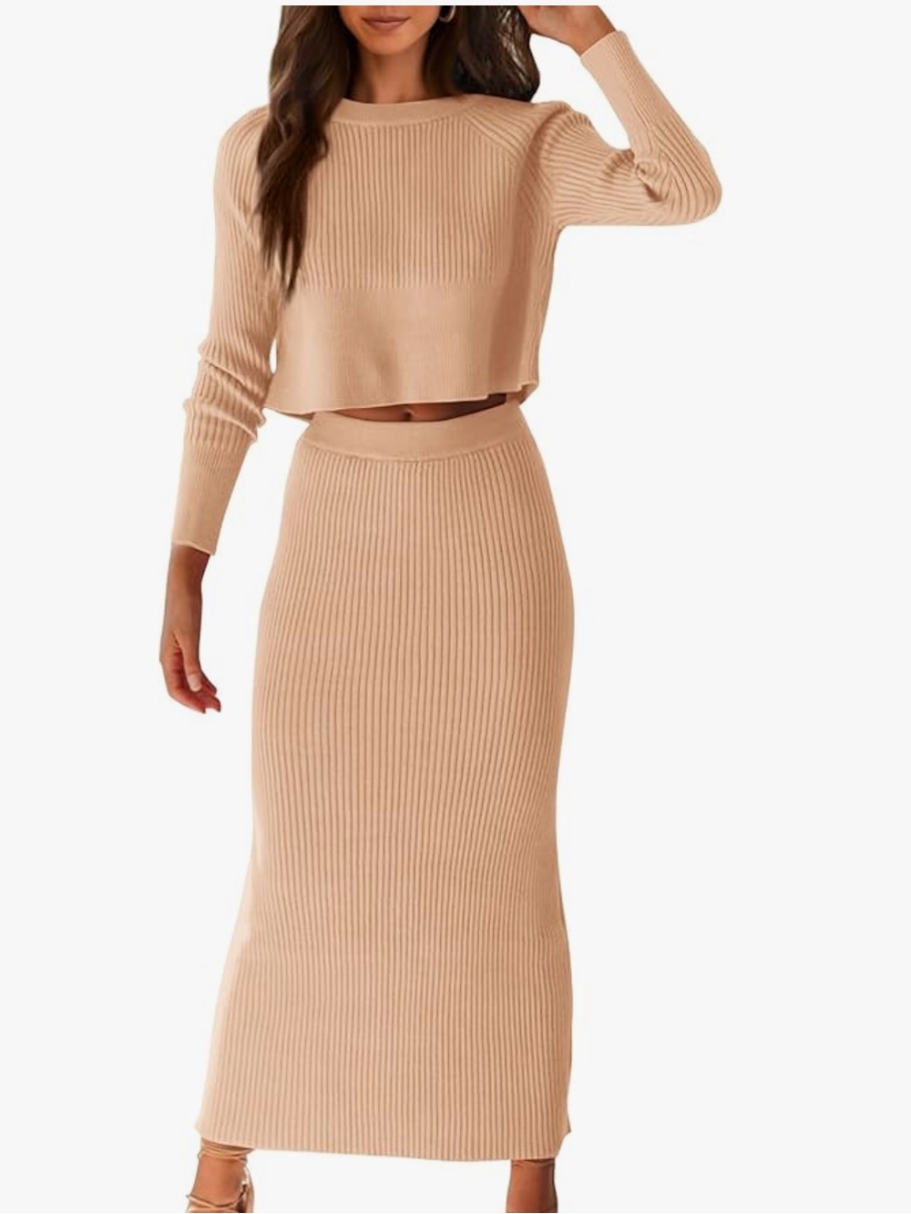 Pretty Garden Elegant Tan Ribbed Sweater Skirt Set